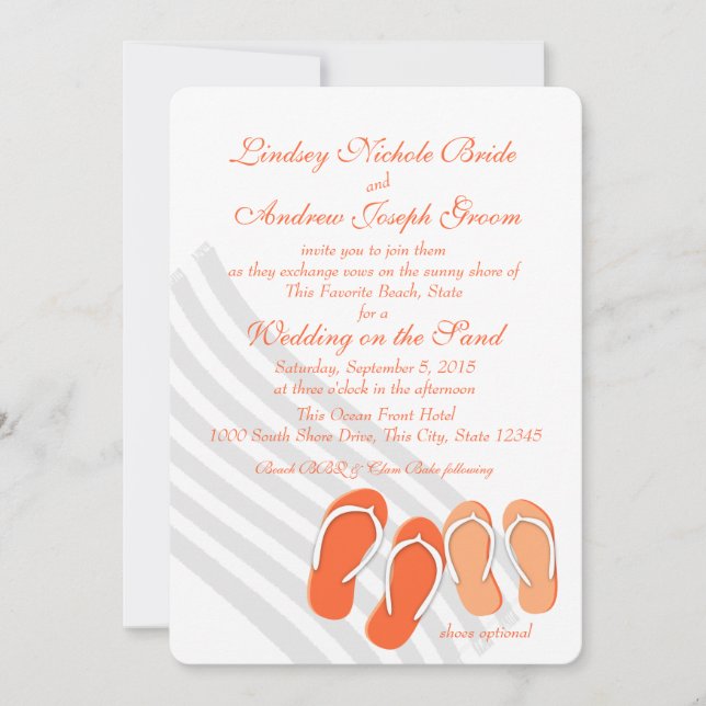 Beach Fun Tropica Orange Hochzeit in Urlaubsort Einladung (Vorderseite)