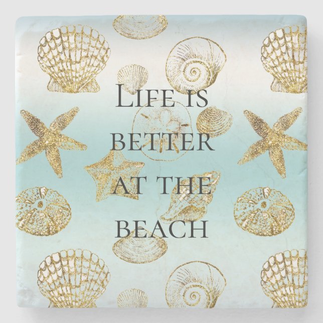 Beach Gold Muscheln Aqua Blue Ombre Steinuntersetzer (Vorderseite)