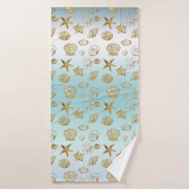 Beach Gold Sea Shells Aqua Blue Ombre (Serviette de bain)