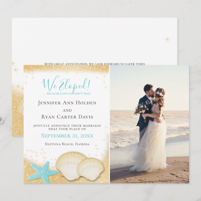 Beach Gold Sparkle Wir haben mit Foto Hochzeit gek Einladung (Vorne/Hinten)