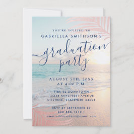 Beach Graduation Party Tropical Pink Palm Leaf Einladung