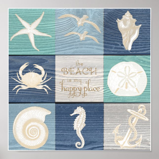 Beach Happy Place Blue Aqua Altes Holzmeer Poster (Vorne)