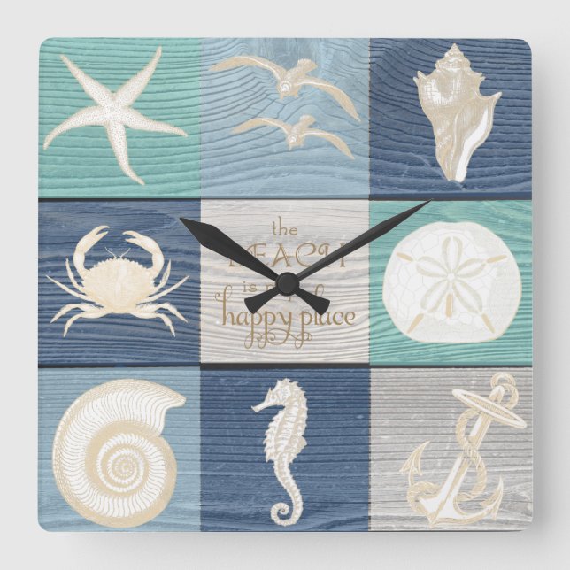 Beach Happy Place Blue Aqua Altes Holzmeer Uhr (Vorderseite)