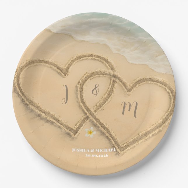Beach Heart Custom Wedding Sand & Sea Pappteller (Vorderseite)