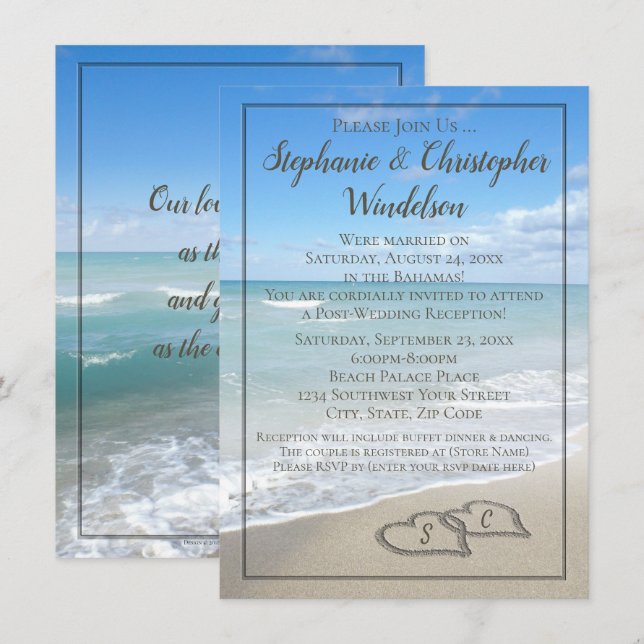 Beach Hearts Zielort nach Hochzeit Empfang Einladung (Vorne/Hinten)