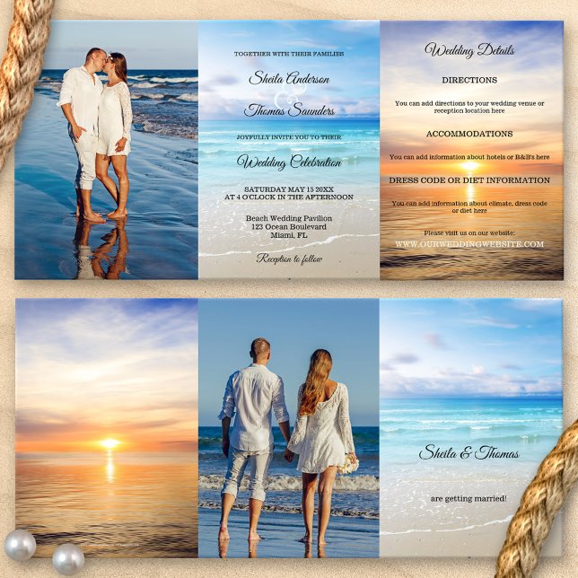 Beach Hochzeit in Urlaubsort dreiteilige Einladung (Tri-fold beach destination wedding invitation with your own favorite photos and a colorful beach)