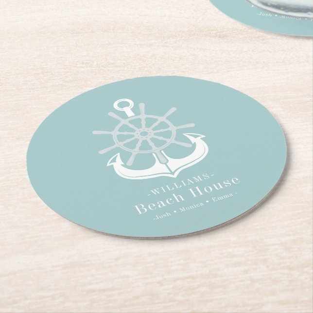 Beach House Aquamarin Familienname Anchor Runder Pappuntersetzer (Angewinkelt)