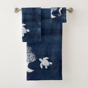 Beach House Bath Navy Weißes Seepferd Schildkröten Badhandtuch Set