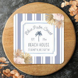 Beach House Blue Stripes Coastal Boho Bauernhof Quadratischer Aufkleber