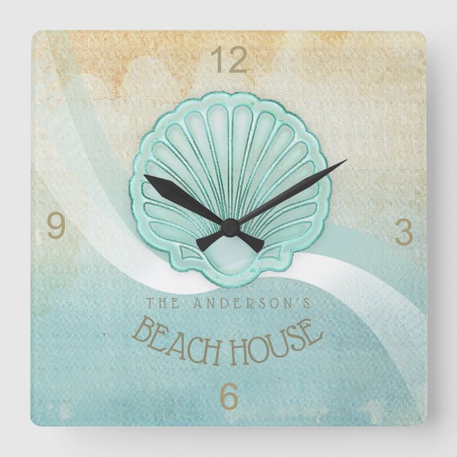 Beach House Clam Muschel Aqua Blue ID623 Quadratische Wanduhr (Vorderseite)