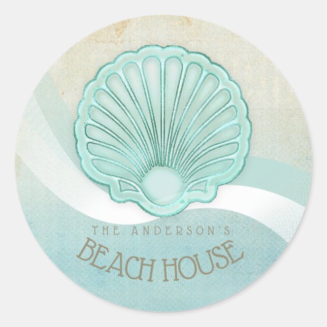 Beach House Clam Muschel Aqua Blue ID623 Runder Aufkleber (Vorderseite)