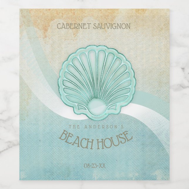 Beach House Clam Muschel Aqua Blue ID623 Weinetikett (Einzelnes Label)