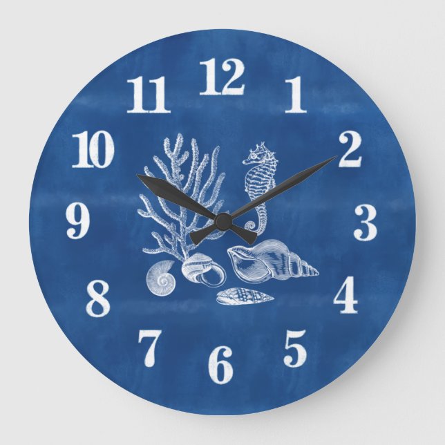 Beach House Coral Seepferd Ocean Blue Large Clock Große Wanduhr (Vorderseite)