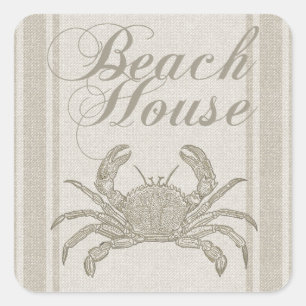 Beach House Crab Küste Vintag Quadratischer Aufkleber