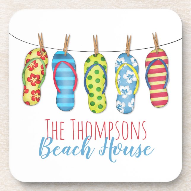 Beach House Cute Colorful Flip Flops Custom Getränkeuntersetzer (Vorderseite)