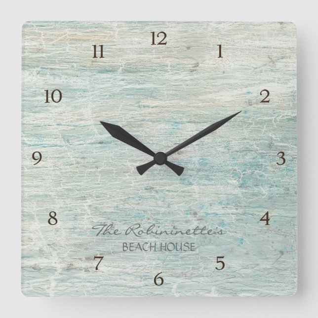 Beach House Driftwood Ocean Coastore Quadratische Wanduhr (Vorderseite)