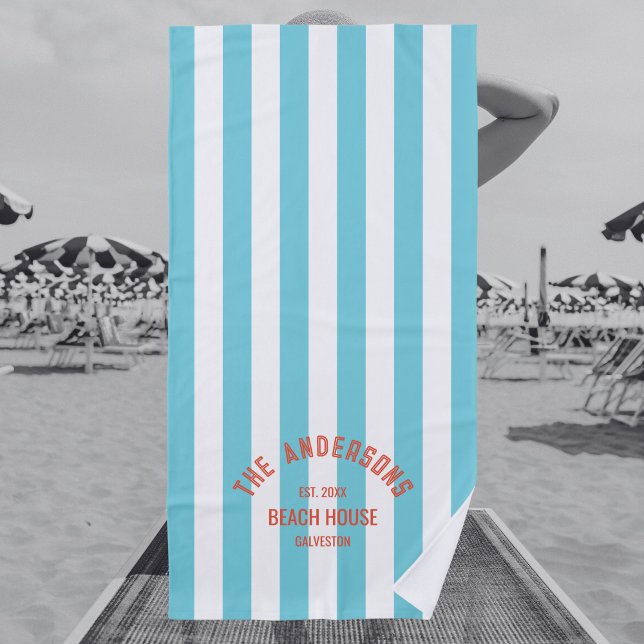 Beach House Familienname Blue Cabana Stripe Strandtuch (Von Creator hochgeladen)