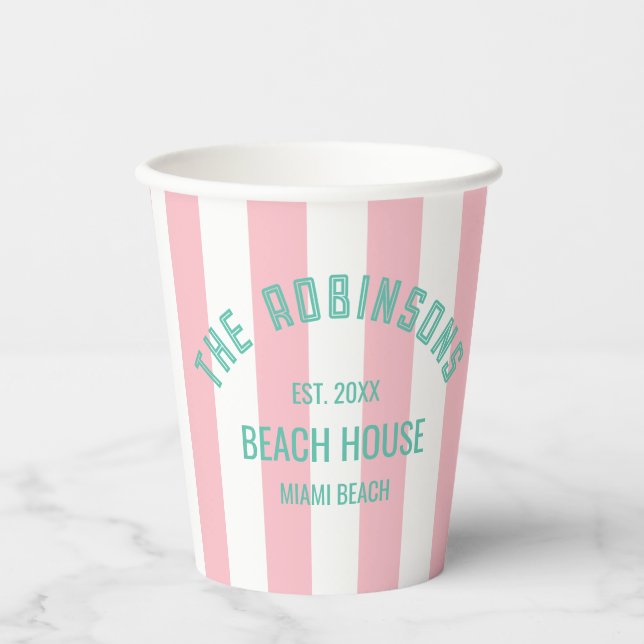 Beach House Familienname Pink Cabana Strip Napki Pappbecher (Vorderseite)