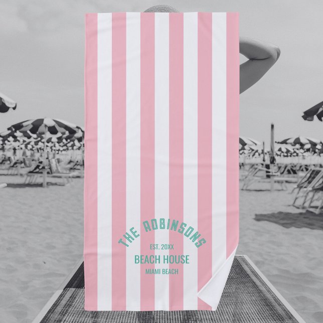 Beach House Familienname Pink Cabana Strip Strandtuch (Von Creator hochgeladen)