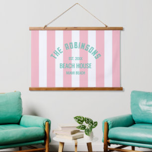 Beach House Familienname Pink Cabana Strip Wandteppich Mit Holzrahmen