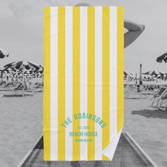 Beach House Familienname Yellow Cabana Strip Strandtuch (Von Creator hochgeladen)