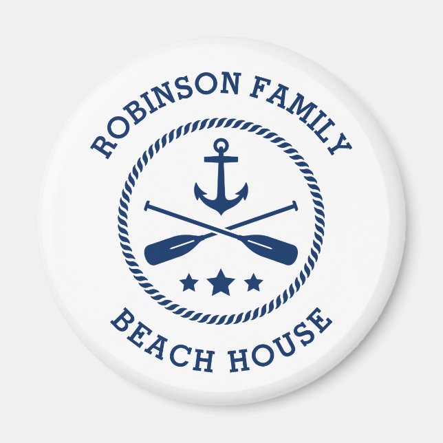 Beach House & Family Name Anchor Oars Stars Runde Magnet (Vorne)