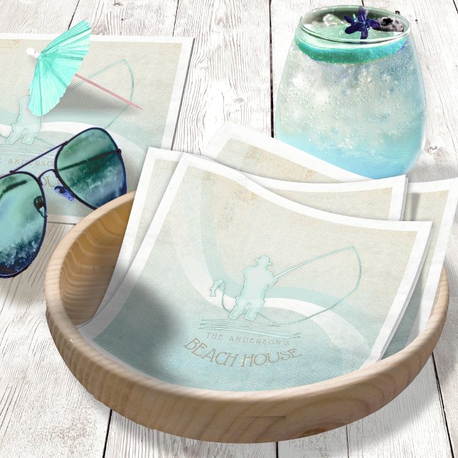 Beach House Fisherman Silhouette Aqua Blue ID623 Serviette (Von Creator hochgeladen)