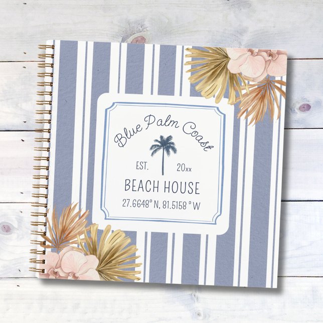 Beach House Gästebuch Blue Stripes Coastal Boho Notizbuch (Close up)
