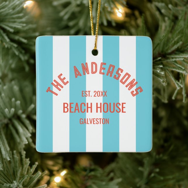 Beach House Individuelle Name Blue Cabana Stripe Keramikornament (Baum)