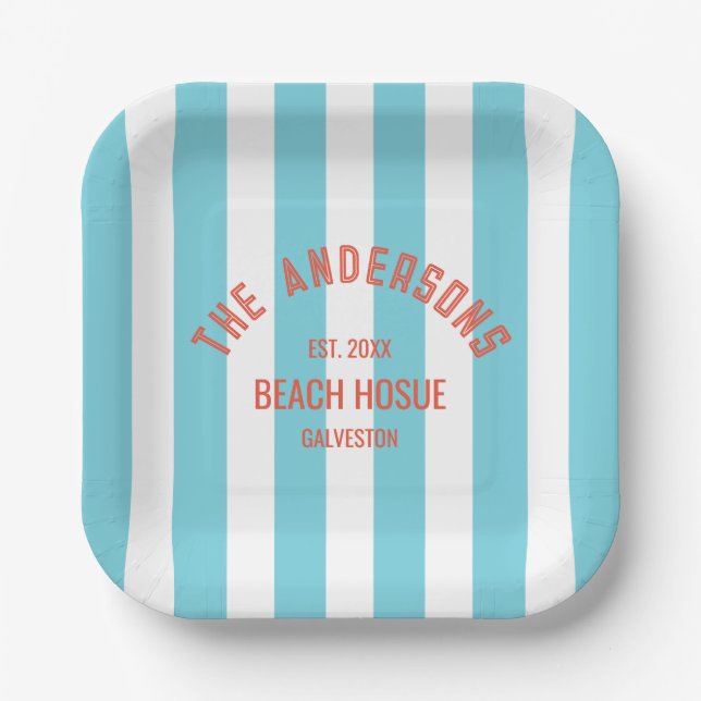 Beach House Individuelle Name Blue Cabana Stripe Pappteller (Vorderseite)
