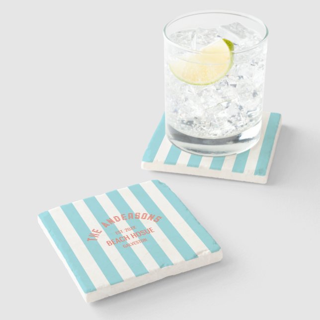 Beach House Individuelle Name Blue Cabana Stripe Steinuntersetzer (Seitenansicht)