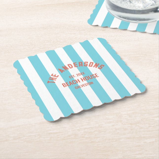 Beach House Individuelle Name Blue Cabana Stripe Untersetzer (angewinkelt)