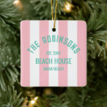 Beach House Individuelle Name Pink Cabana Streifen Keramikornament<br><div class="desc">Feiern Sie die Urlaubssaison mit einer Touch von Küstenstreifen durch unseren Beach House Individuelle Name Pink Cabana Stripe Keramik Weihnachtsschmuck. Dieses wunderschön gestaltete Dekor verbindet die Wärme des Strandlebens mit festlichem Beifall und macht es zum perfekten Sake für Ihr Strandhaus oder zu einem personalisierten Geschenk für Liebende. Passen Sie mit...</div>