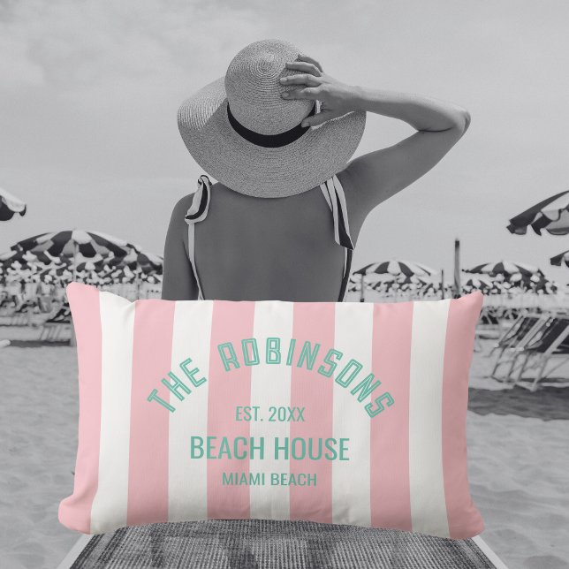 Beach House Individuelle Name Pink Cabana Streifen Kissen Für Draußen (Von Creator hochgeladen)