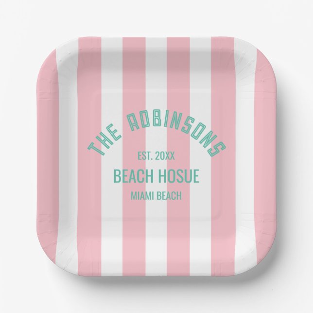 Beach House Individuelle Name Pink Cabana Streifen Pappteller (Vorderseite)