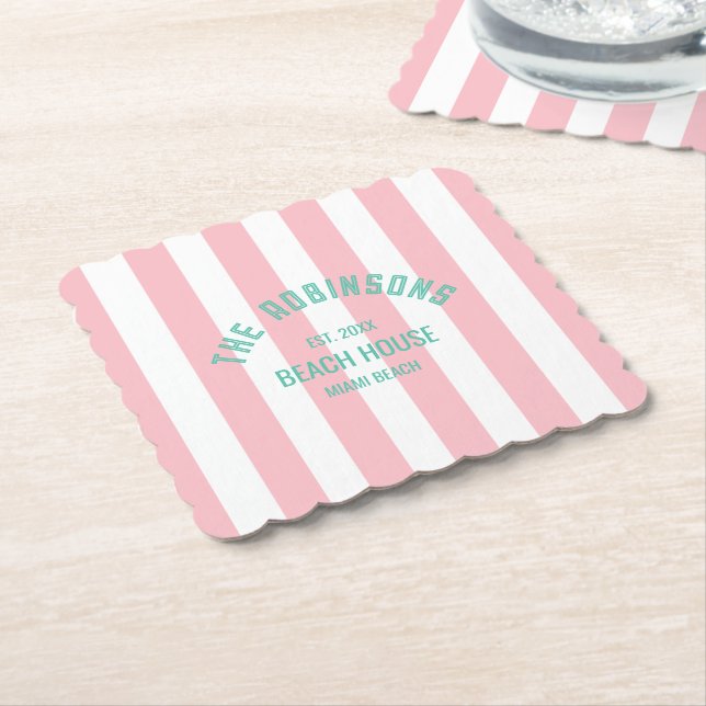 Beach House Individuelle Name Pink Cabana Streifen Untersetzer (angewinkelt)