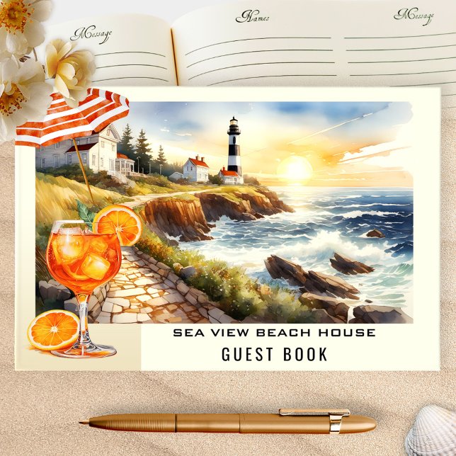 Beach House Lighthouse Vermietung Gästebuch (Hospitality guest book featuring a watercolor illustration of a coastal scene with lighthouse)
