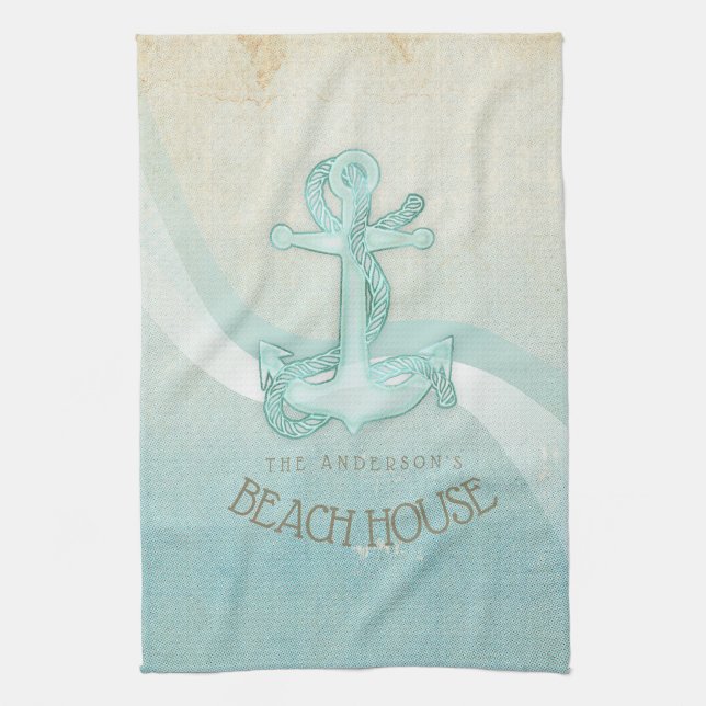 Beach House Nautical Anchor and Rope Aqua ID623 Geschirrtuch (Vertikal)