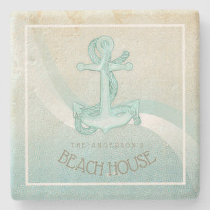 Beach House Nautical Anchor and Rope Aqua ID623 Steinuntersetzer