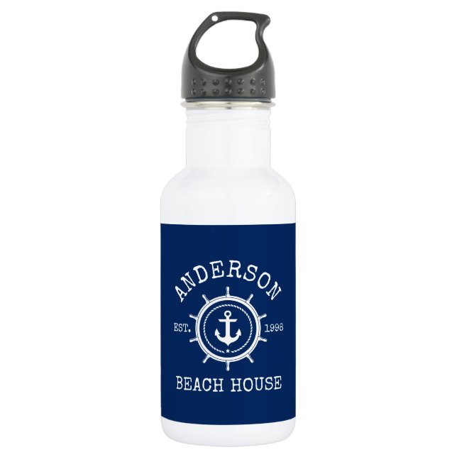 Beach House Nautical Anchor Rope Helm Blue Edelstahlflasche (Vorderseite)