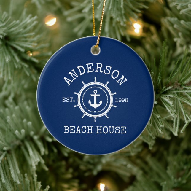 Beach House Nautical Anchor Rope Helm Blue Keramik Ornament (Baum)
