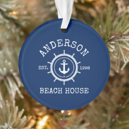 Beach House Nautical Anchor Rope Helm Blue Ornament