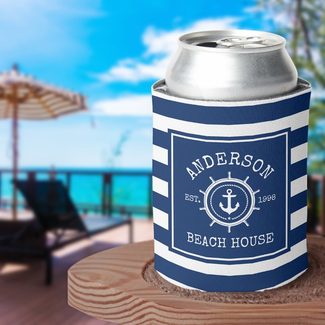 Beach House Nautical Anchor Rope Helm Blue Streife Dosenkühler (Customize to change text size or text style.)