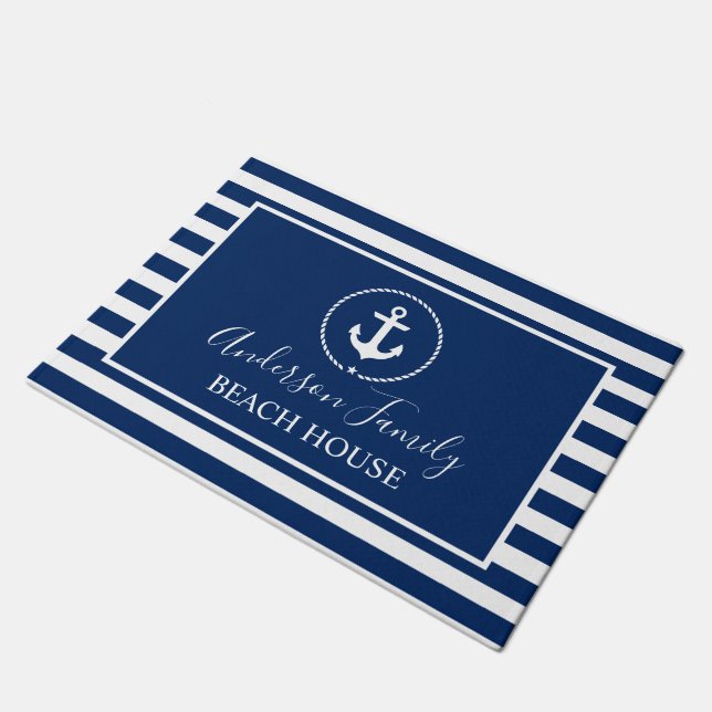 Beach House Nautical Anchor Rope Star Blue Stripin Fußmatte (Schrägansicht)
