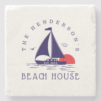 Beach House Nautical boat Sunset navy blue Steinuntersetzer