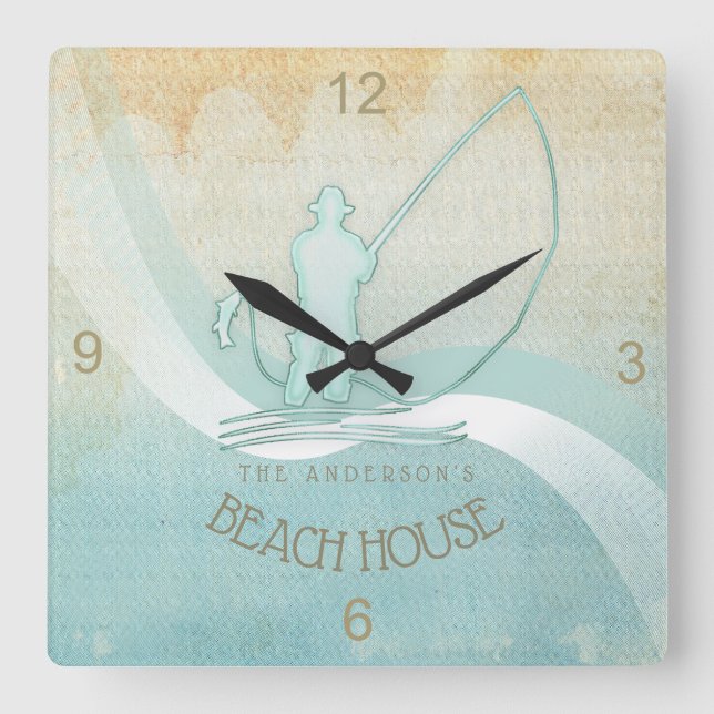Beach House Nautical Fisherman Aqua Blue ID623 Quadratische Wanduhr (Vorderseite)