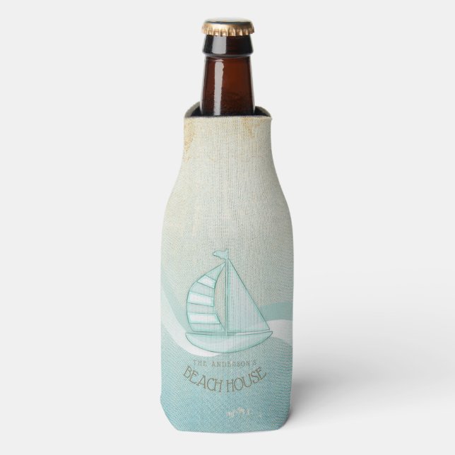 Beach House Nautical Sailboat Aqua Blue ID623 Flaschenkühler (Flaschenvorderseite)