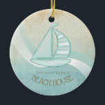 Beach House Nautical Sailboat Aqua Blue ID623 Keramik Ornament<br><div class="desc">Dieses Produkt in den sanften Farben von Meer und Sand ermöglicht es Ihnen, einfach Ihren eigenen Namen und Text mit der bereitgestellten Vorlage hinzuzufügen. Das einfache Segelbootbild auf einem beängstigenden, wasserfarbenen Hintergrund wird durch einen Wellenakzent in Aqua und Weiß hervorgehoben. Wenn Sie nicht das Glück haben, ein Strandhaus oder eine...</div>