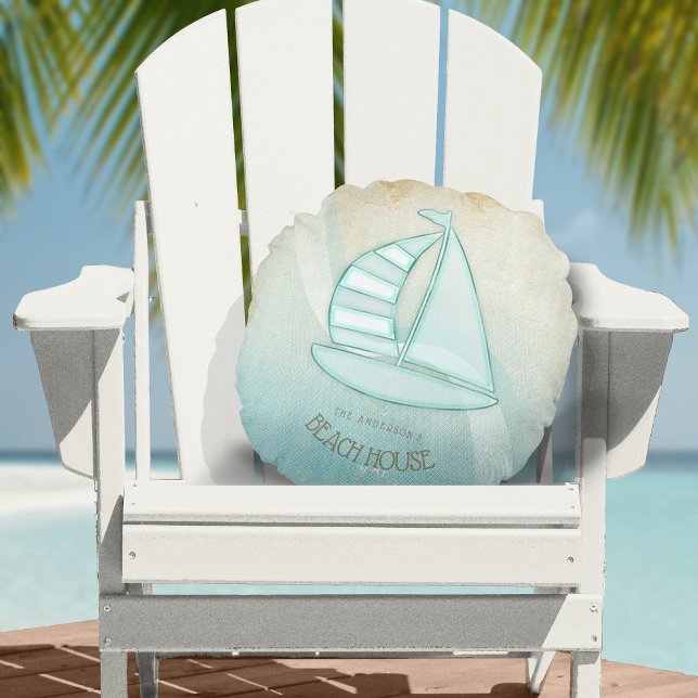 Beach House Nautical Sailboat Aqua Blue ID623 Rundes Kissen (Von Creator hochgeladen)
