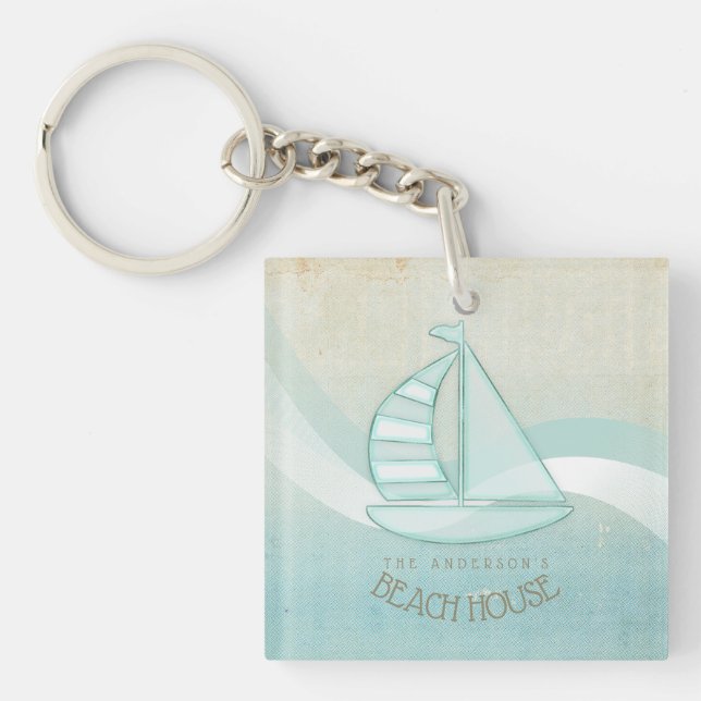 Beach House Nautical Sailboat Aqua Blue ID623 Schlüsselanhänger (Vorderseite)